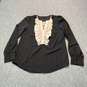 Women's J. Crew Black and Cream Ruffle Collar Top Size XXS NEW‎